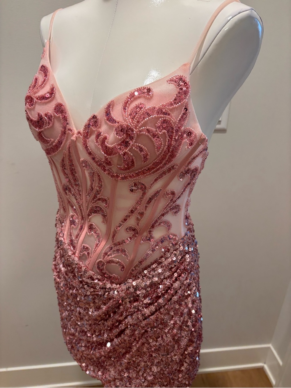 Stacees Rose Pink Sequin Embellished Mini Dress Corset Bodice - Picture 7 of 8